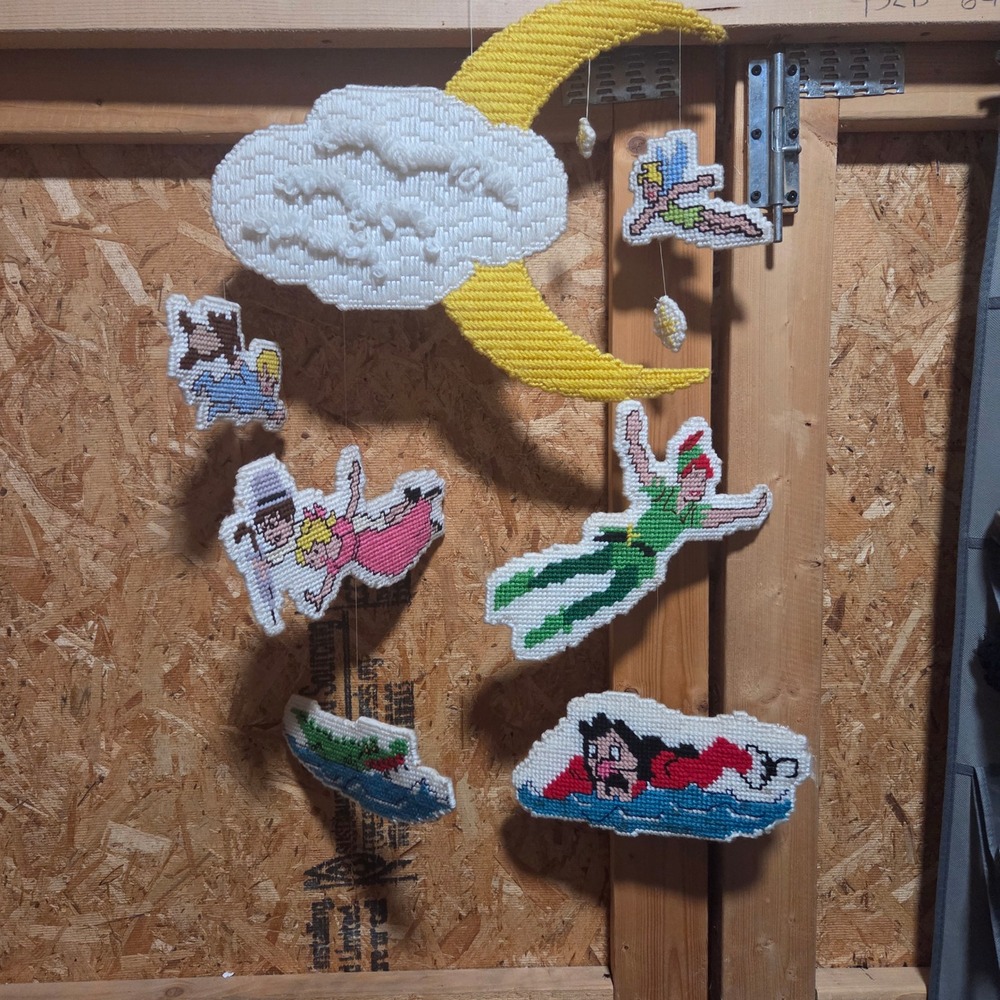 Vintage Peter Pan Plastic Canvas Mobile Nursery Decor Handmade Tinker Bell Hook